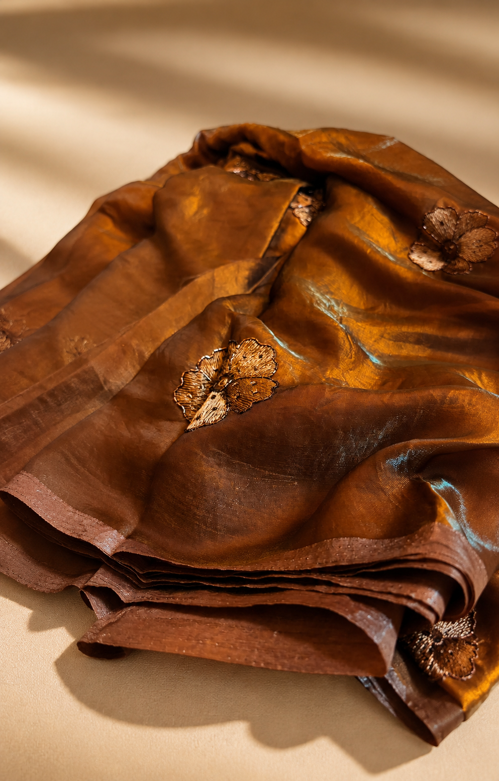 "Dark Mocha Coffee Party Wear Silk Saree with hand-beadwork and embroidery"