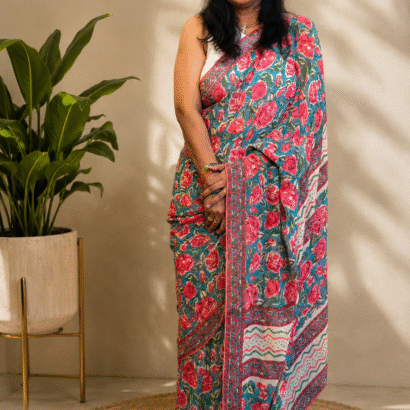 Blue Georgette Printed Saree with Contrast Blouse for Women