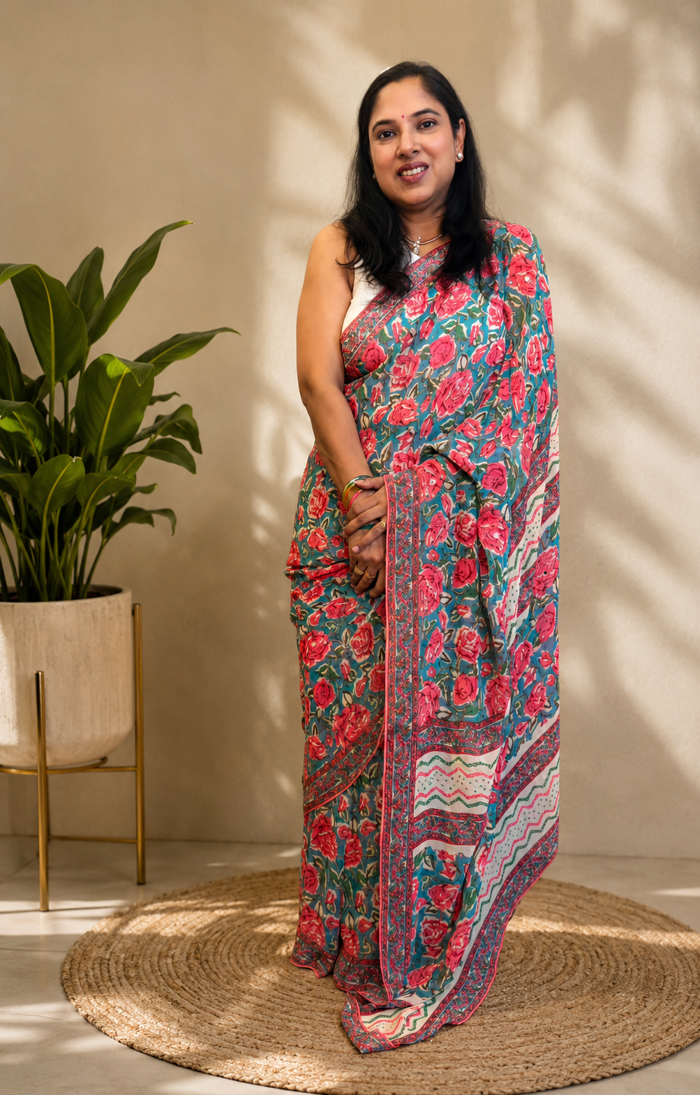 Blue Georgette Printed Saree with Contrast Blouse for Women