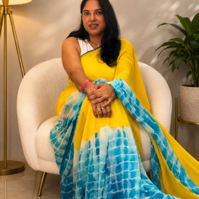 Yellow Georgette Printed Saree with Contrast Blouse for Women