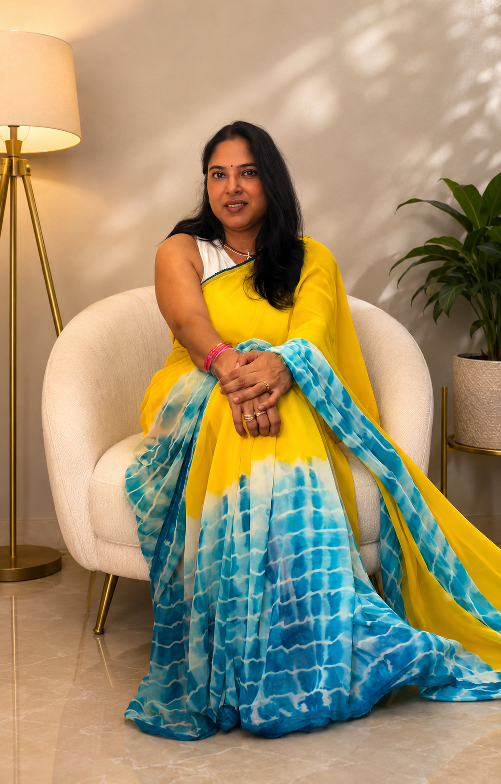 Yellow Georgette Printed Saree with Contrast Blouse for Women