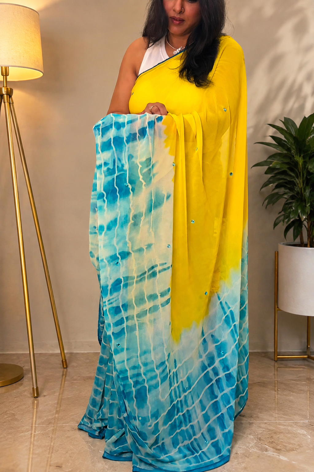 Yellow Georgette Printed Saree with Contrast Blouse for Women