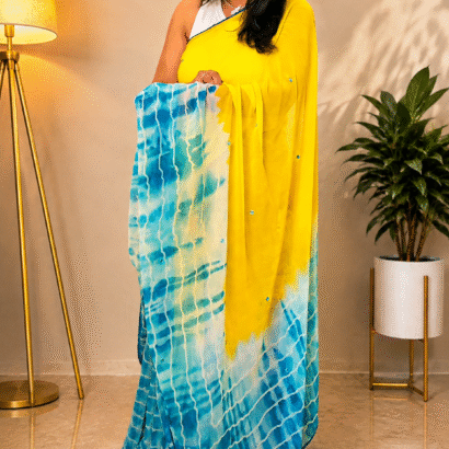 Yellow Georgette Printed Saree with Contrast Blouse for Women