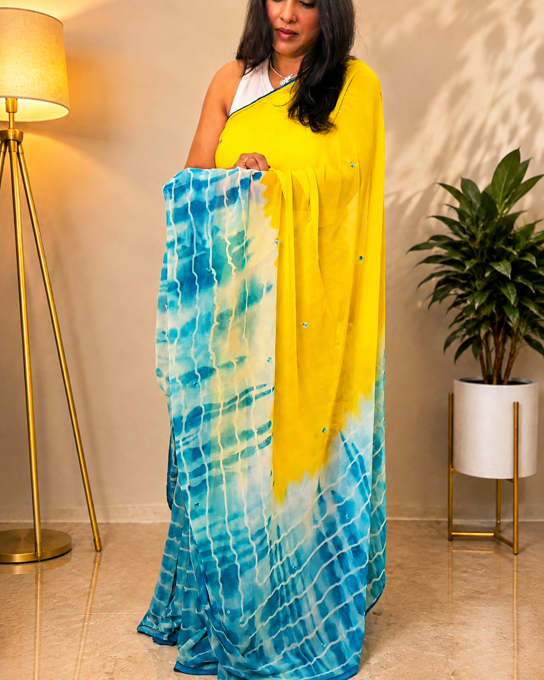 Yellow Georgette Printed Saree with Contrast Blouse for Women Yellow Georgette Printed Saree with Contrast Blouse for Women