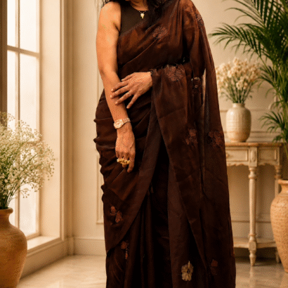 "Dark Mocha Coffee Party Wear Silk Saree with hand-beadwork and embroidery"