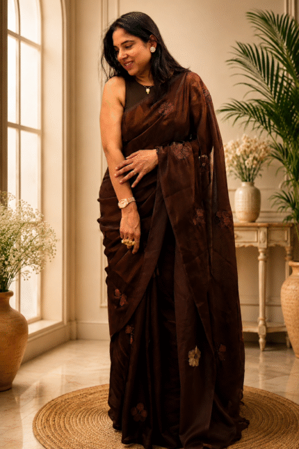 "Dark Mocha Coffee Party Wear Silk Saree with hand-beadwork and embroidery"