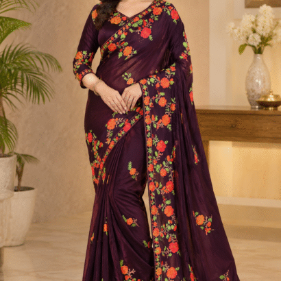 Wine purple Kashmiri silk saree featuring authentic Aari Resham border embroidery and running blouse piece.