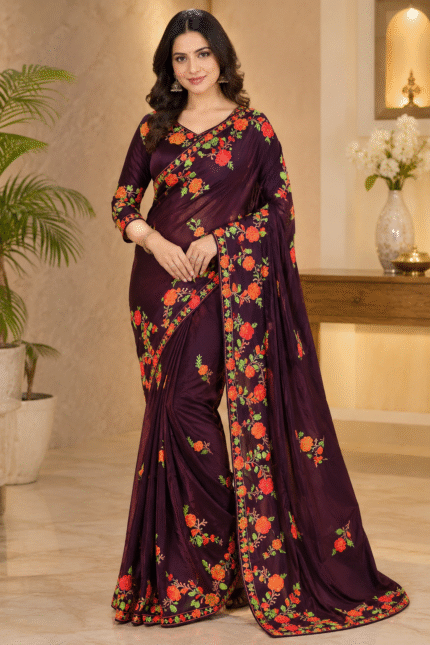 Wine purple Kashmiri silk saree featuring authentic Aari Resham border embroidery and running blouse piece.