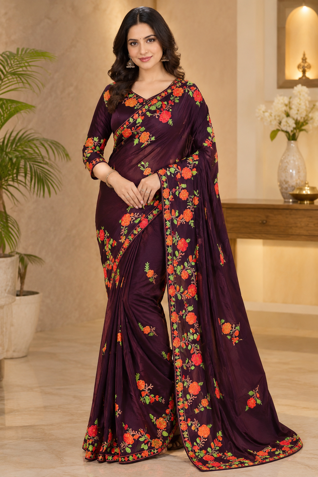 Wine purple Kashmiri pure crepe silk saree featuring authentic Aari Resham border embroidery and running blouse piece. Wine purple Kashmiri silk saree featuring authentic Aari Resham border embroidery and running blouse piece.