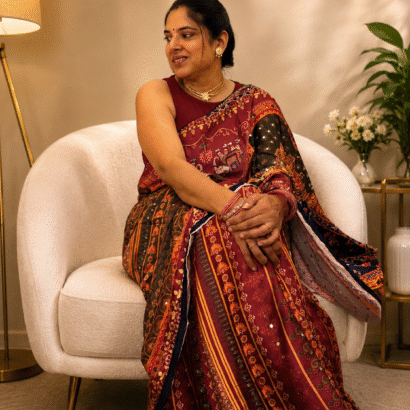 Designer Satin Saree with Japan Satin Print, 2500 Hand-Made Real Mirror Work, Heavy Moti Tassels and Gota Border