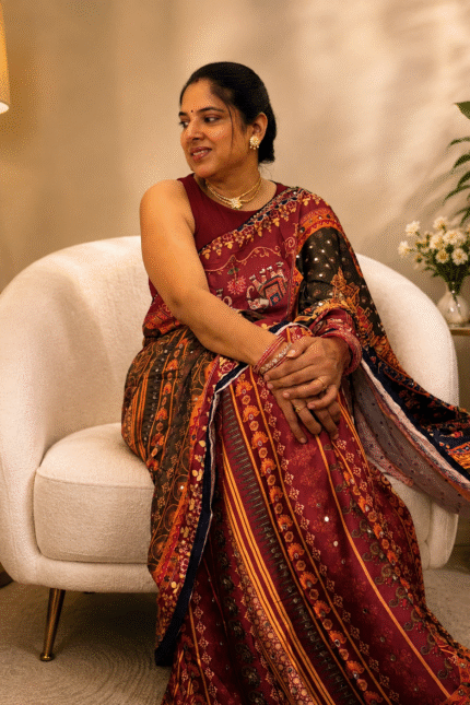 Designer Satin Saree with Japan Satin Print, 2500 Hand-Made Real Mirror Work, Heavy Moti Tassels and Gota Border
