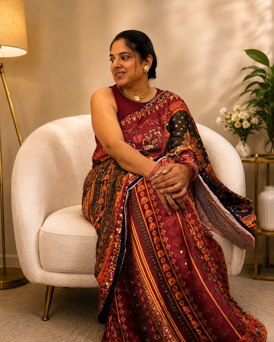 Designer Satin Saree with Japan Satin Print, 2500 Hand-Made Real Mirror Work, Heavy Moti Tassels and Gota Border