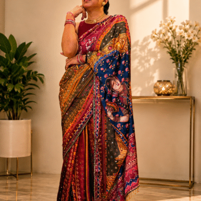 Designer Satin Saree with Japan Satin Print, 2500 Hand-Made Real Mirror Work, Heavy Moti Tassels and Gota Border
