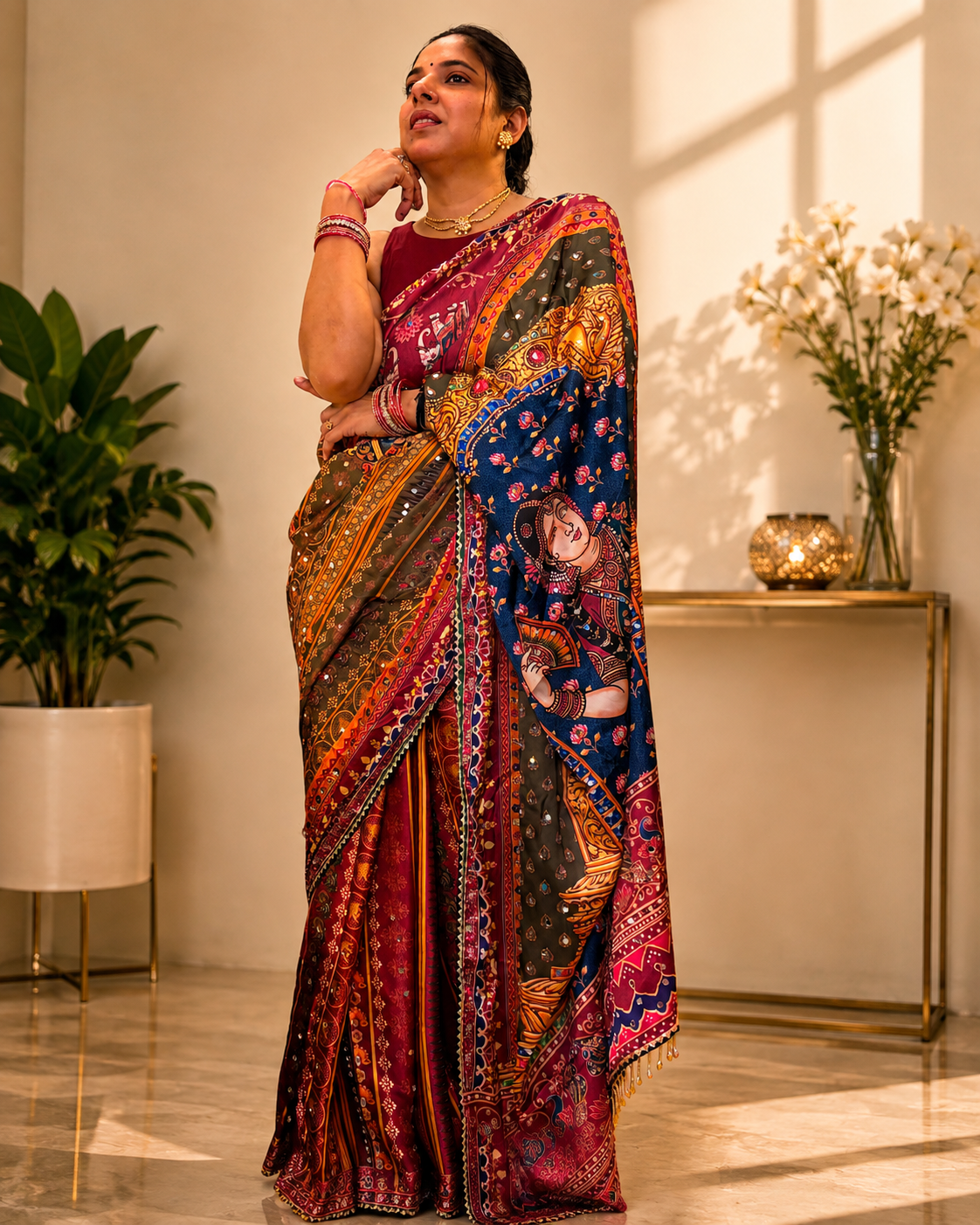 Designer Satin Saree with Japan Satin Print, 2500 Hand-Made Real Mirror Work, Heavy Moti Tassels and Gota Border