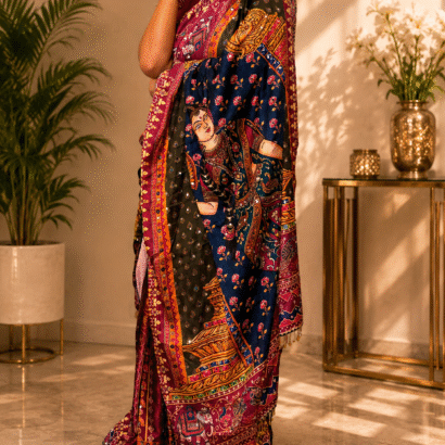 Designer Satin Saree with Japan Satin Print, 2500 Hand-Made Real Mirror Work, Heavy Moti Tassels and Gota Border