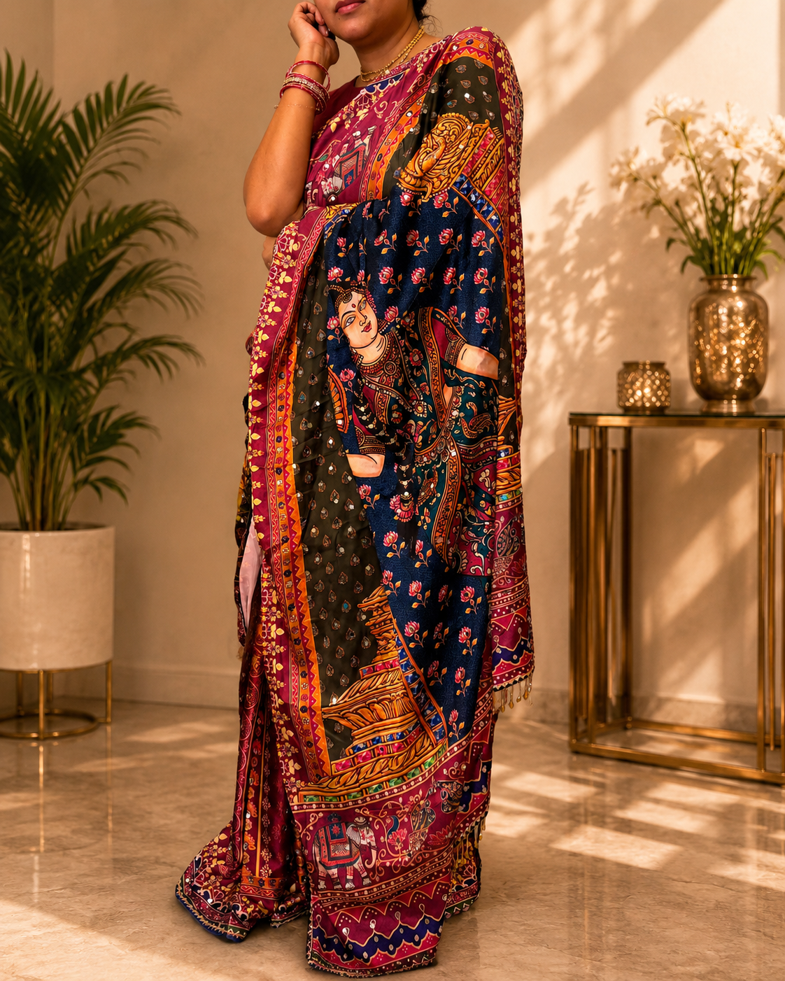 Designer Satin Saree with Japan Satin Print, 2500 Hand-Made Real Mirror Work, Heavy Moti Tassels and Gota Border