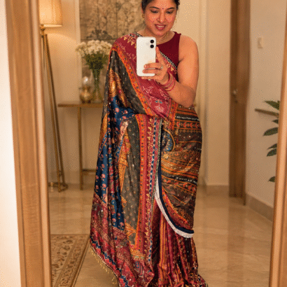 Designer Satin Saree with Japan Satin Print, 2500 Hand-Made Real Mirror Work, Heavy Moti Tassels and Gota Border