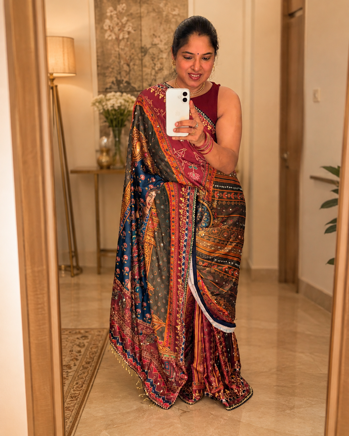 Designer Satin Saree with Japan Satin Print, 2500 Hand-Made Real Mirror Work, Heavy Moti Tassels and Gota Border