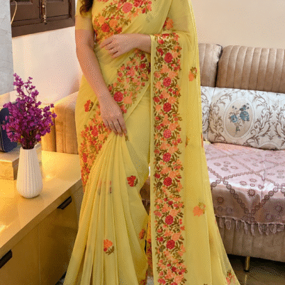 Yellow Kashmiri Silk Saree with Aari Resham embroidery featuring authentic Aari Resham border embroidery and running blouse piece.