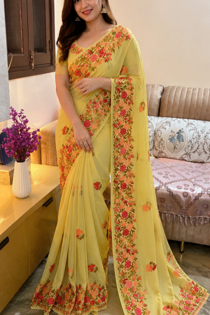 Yellow Kashmiri Silk Saree with Aari Resham embroidery featuring authentic Aari Resham border embroidery and running blouse piece.
