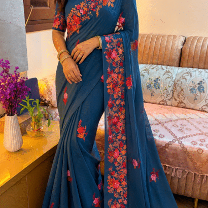 Kashmiri Silk Saree Navy blue with Aari Resham embroidery featuring authentic Aari Resham border embroidery and running blouse piece.