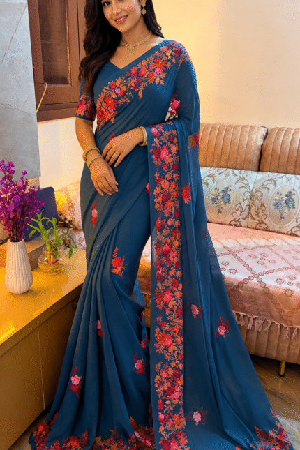 Kashmiri Silk Saree Navy blue with Aari Resham embroidery featuring authentic Aari Resham border embroidery and running blouse piece.