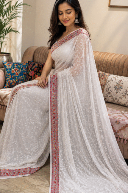 White pure georgette saree with intricate Kashmiri border and Chikankari embroidery body