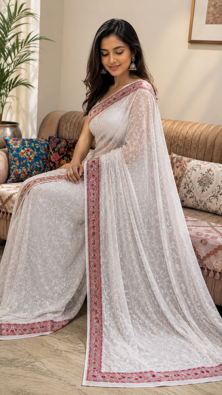 White pure georgette saree with intricate Kashmiri border and Chikankari embroidery body