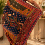 Designer Satin Saree with Japan Satin Print, 2500 Hand-Made Real Mirror Work, Heavy Moti Tassels and Gota Border