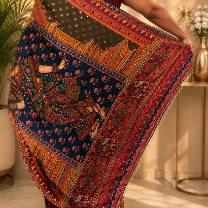 Designer Satin Saree with Japan Satin Print, 2500 Hand-Made Real Mirror Work, Heavy Moti Tassels and Gota Border