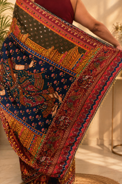 Designer Satin Saree with Japan Satin Print, 2500 Hand-Made Real Mirror Work, Heavy Moti Tassels and Gota Border