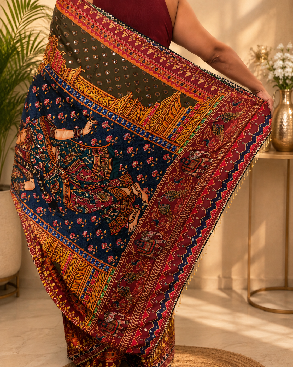 Japan Satin Saree with Mirror Work Designer Satin Saree with Japan Satin Print, 2500 Hand-Made Real Mirror Work, Heavy Moti Tassels and Gota Border