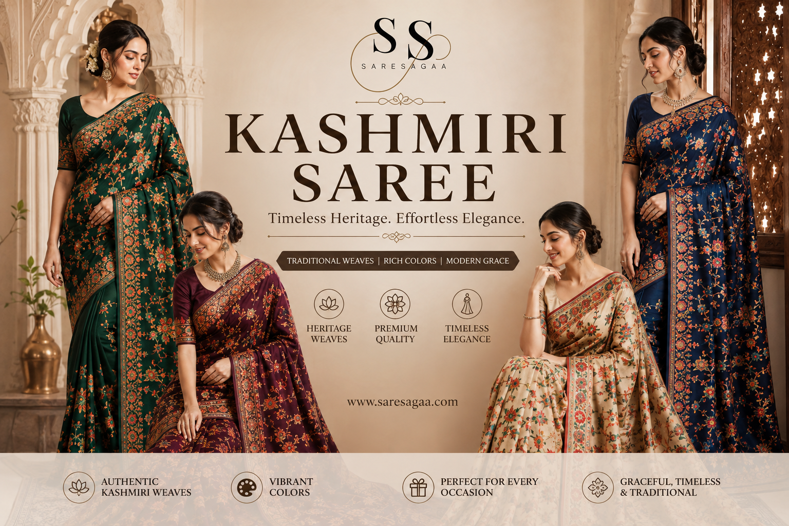 Elegant Kashmiri saree with traditional embroidery for weddings and festive occasions