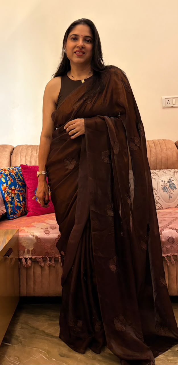 "Dark Mocha Coffee Party Wear Silk Saree with hand-beadwork and embroidery"