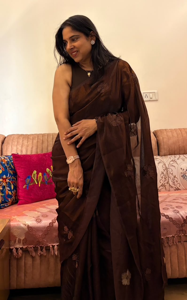 "Dark Mocha Coffee Party Wear Silk Saree with hand-beadwork and embroidery"