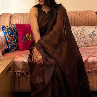 Dark Mocha Coffee Party Wear Silk Saree with hand-beadwork and embroidery