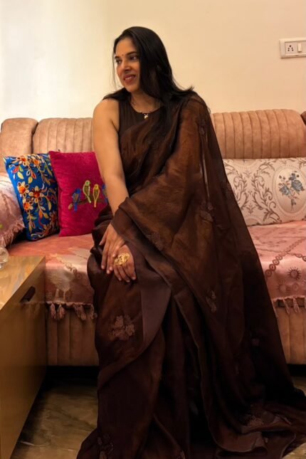 Dark Mocha Coffee Party Wear Silk Saree with hand-beadwork and embroidery
