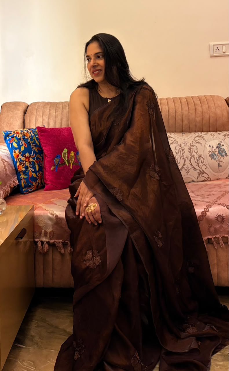 Dark Mocha Coffee Party Wear Silk Saree with hand-beadwork and embroidery