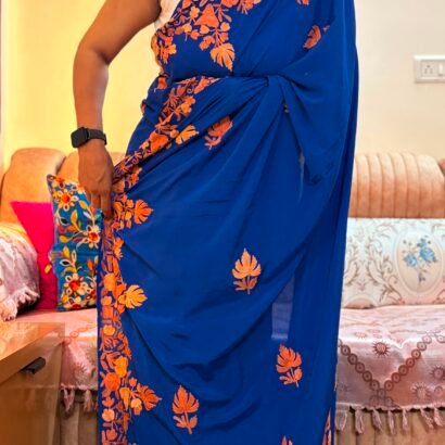 Blue Kashmiri silk saree with intricate handcrafted Aari Resham border embroidery and matching blouse piece.