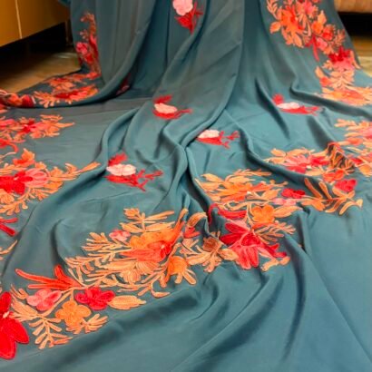 Dusty Blue Kashmiri Silk Saree featuring authentic Aari Resham border embroidery and running blouse piece.