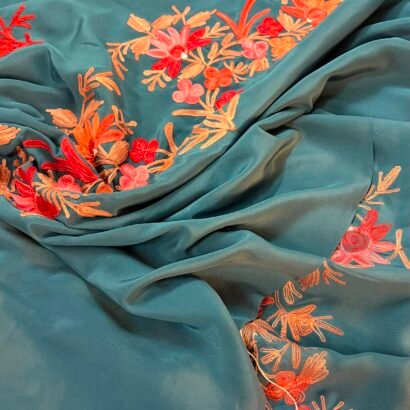 Dusty Blue Kashmiri Silk Saree featuring authentic Aari Resham border embroidery and running blouse piece.