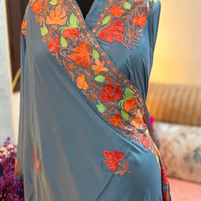 Dusty Blue Kashmiri Silk Saree featuring authentic Aari Resham border embroidery and running blouse piece.