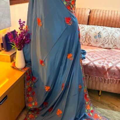 Dusty Blue Kashmiri Silk Saree featuring authentic Aari Resham border embroidery and running blouse piece.