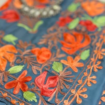 Dusty Blue Kashmiri Silk Saree featuring authentic Aari Resham border embroidery and running blouse piece.