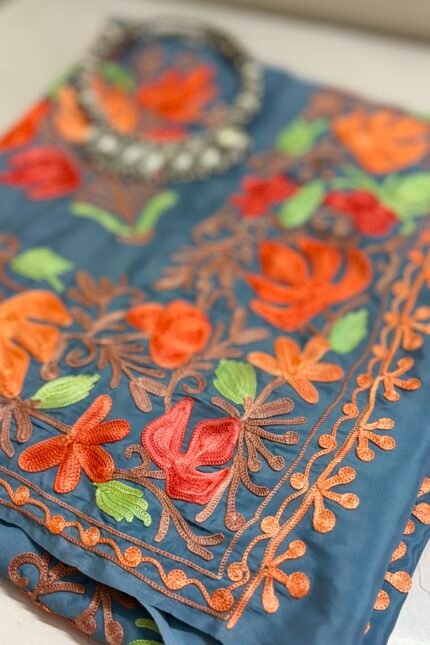 Dusty Blue Kashmiri Silk Saree featuring authentic Aari Resham border embroidery and running blouse piece.