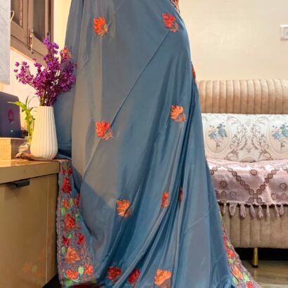 Dusty Blue Kashmiri Silk Saree featuring authentic Aari Resham border embroidery and running blouse piece.