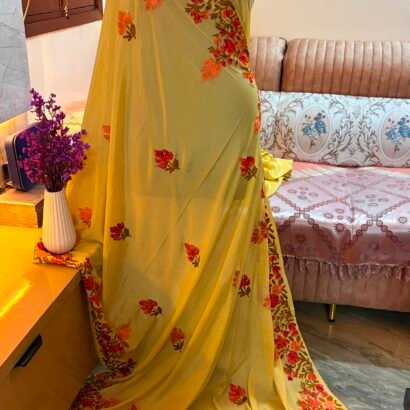 Yellow Kashmiri Silk Saree with Aari Resham embroidery featuring authentic Aari Resham border embroidery and running blouse piece.