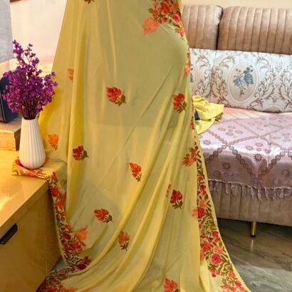 Yellow Kashmiri Silk Saree with Aari Resham embroidery featuring authentic Aari Resham border embroidery and running blouse piece.
