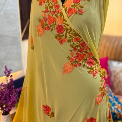Yellow Kashmiri Silk Saree with Aari Resham embroidery featuring authentic Aari Resham border embroidery and running blouse piece.