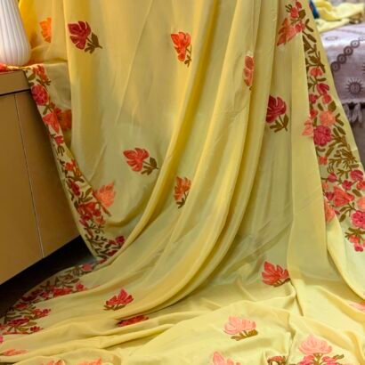 Yellow Kashmiri Silk Saree with Aari Resham embroidery featuring authentic Aari Resham border embroidery and running blouse piece.